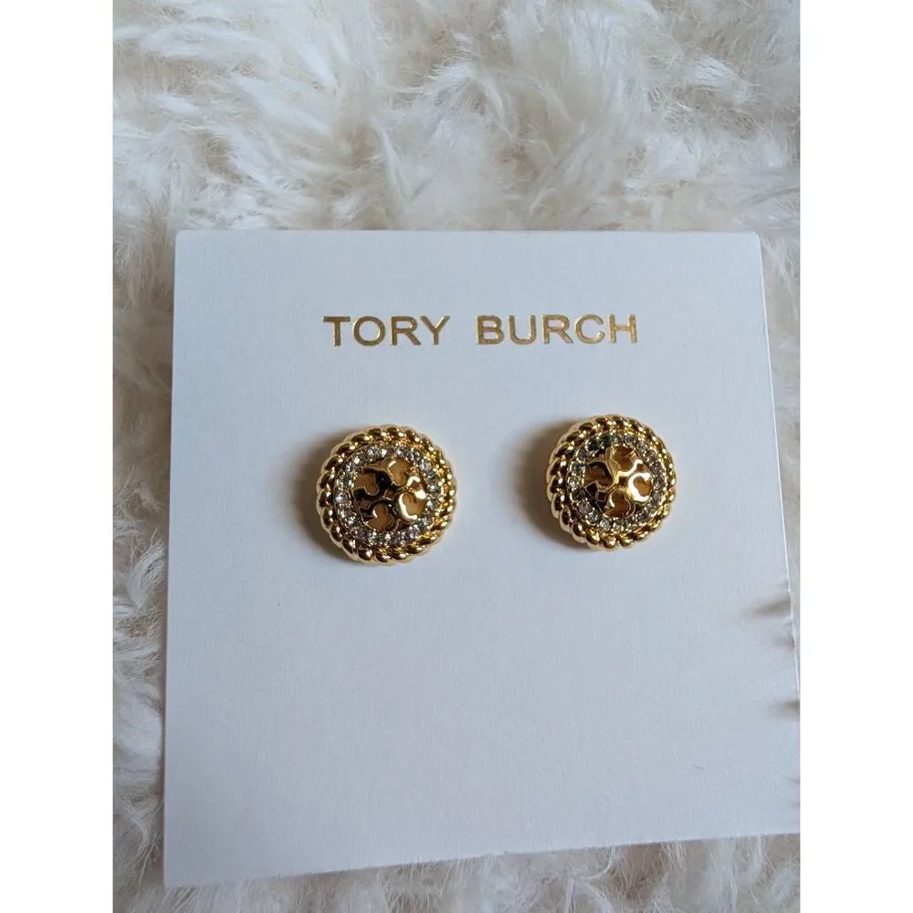 TORY BURCH Miller Rope Pave Double T Logo Stud Earrings